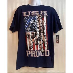USA PROUD American Flag Soldiers T Shirt Small Dark Blue Xl
